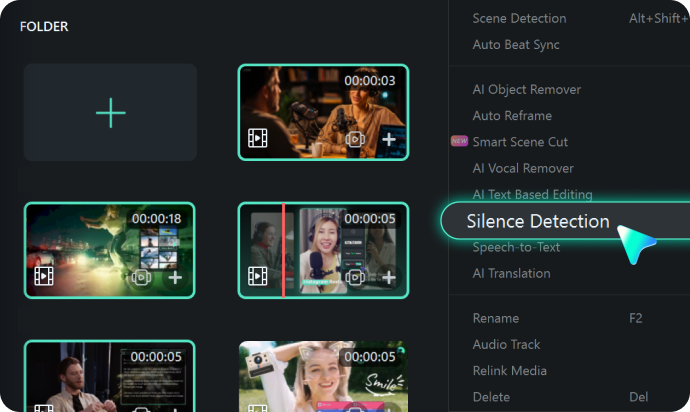 Wondershare Filmora silence detection feature — automatically removes silent parts from recordings